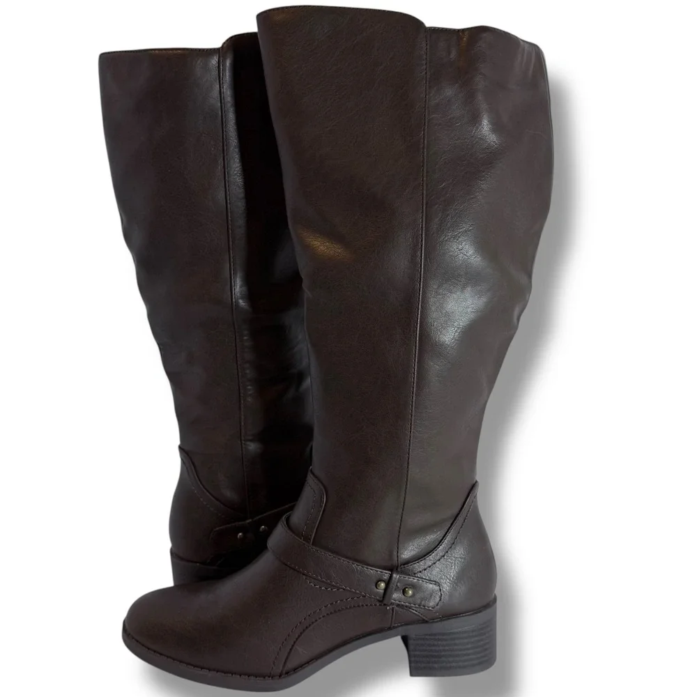 Easy Street Jewel Knee High Boots Womens Sz 8.5M Brown Strap Detail Side Zip NEW